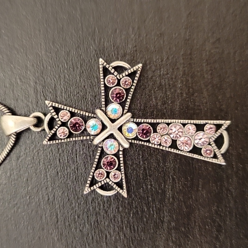 Purple Pink Crystal Religious Gothic Cross Pendant Necklace